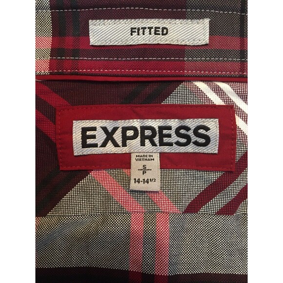 Express Mens Dress Shirt S Plaid Red White Gray Maroon Fitted Button Up 14 -14.5 - Picture 5 of 6